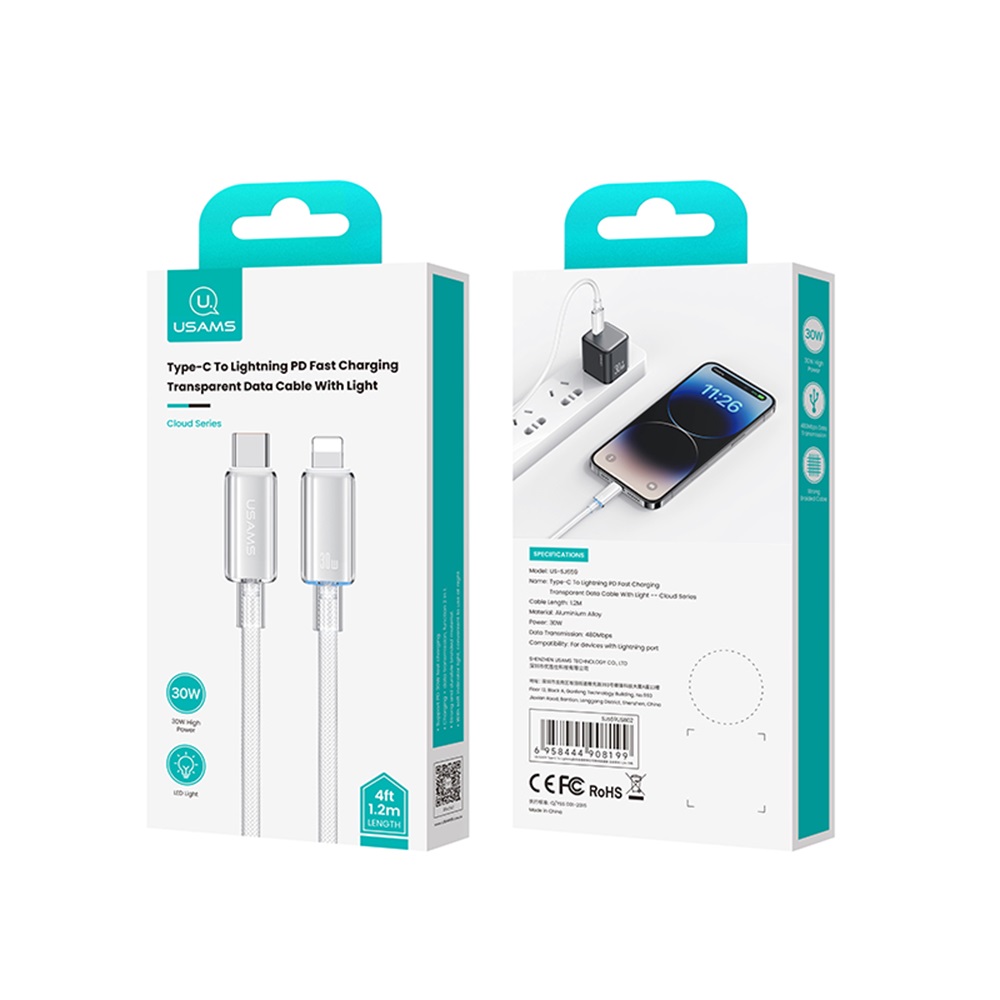 US-SJ659 Type-C To Lightning PD Fast Charging Transparent Data Cable With Light--Cloud Series 1.2M